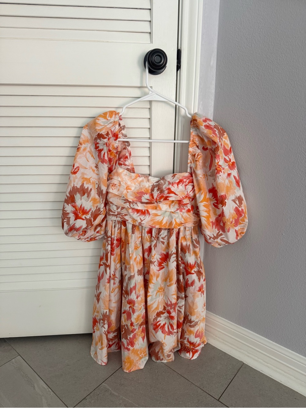 Abercrombie Floral Puff-Sleeve Mini Dress in Peach, Orange, Cream